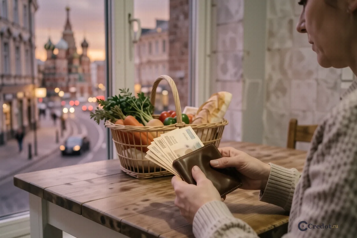 Руки человека с кошельком и купюрами на фоне корзины с продуктами