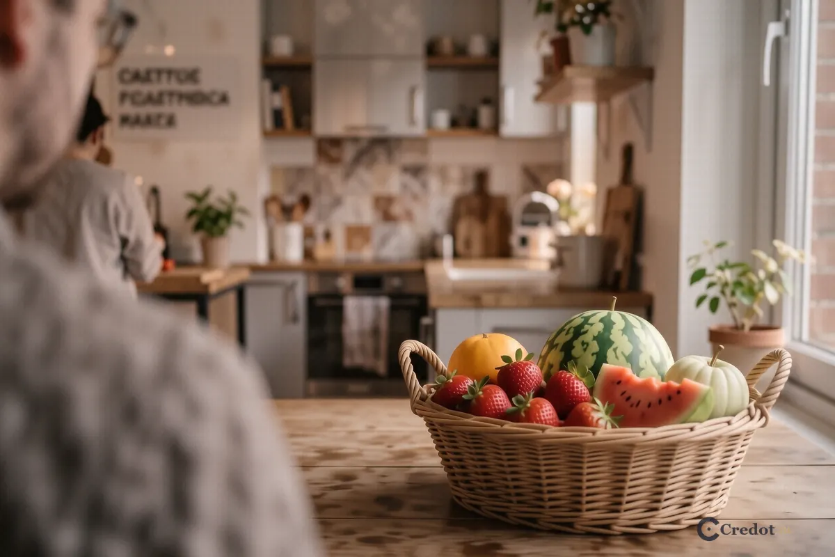 Корзина с сезонными фруктами на кухонном столе при дневном свете.