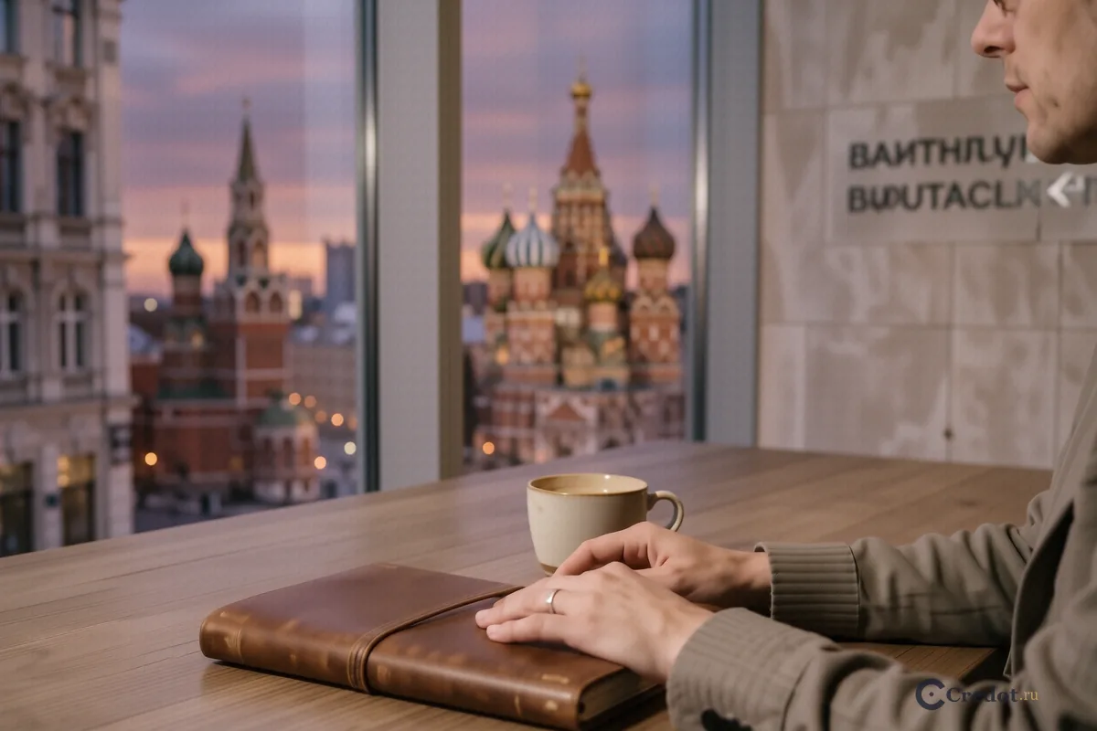 Руки человека на столе рядом с папкой и чашкой кофе на фоне панорамы Москва-Сити