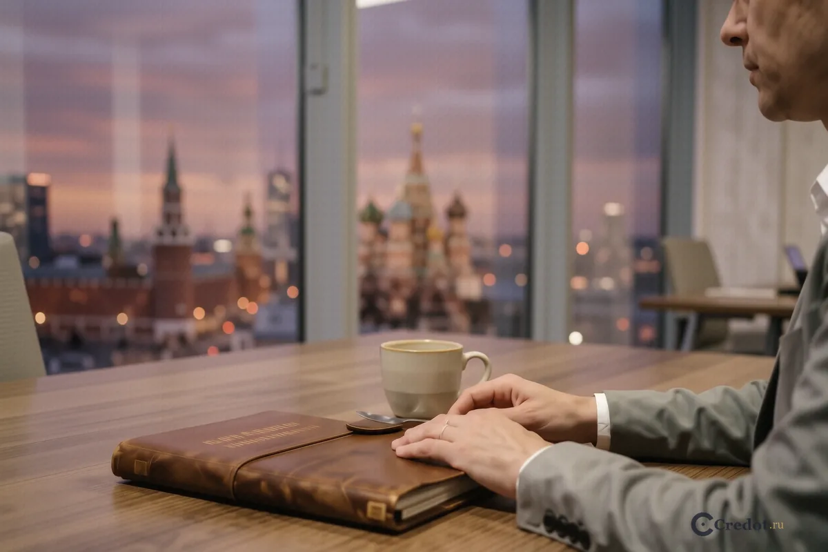 Руки человека на офисном столе рядом с папкой на фоне панорамы Москва-Сити