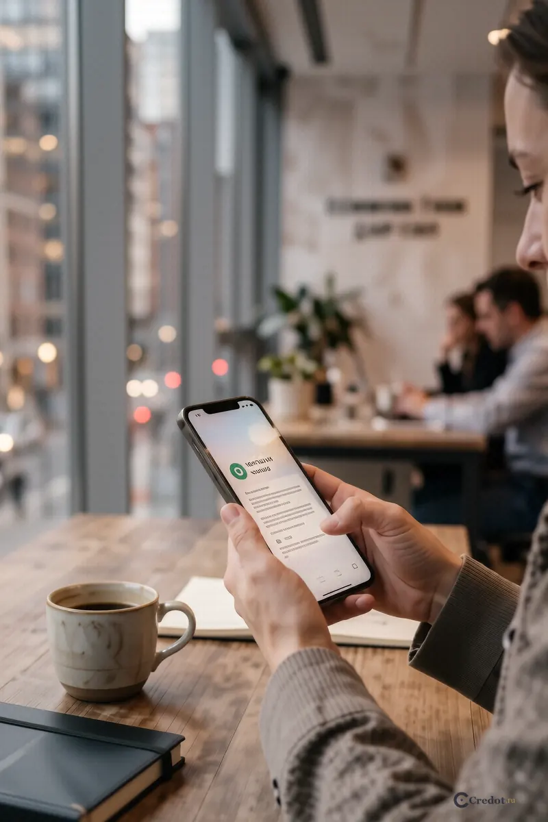 Человек держит смартфон на столе рядом с чашкой кофе в светлом офисе