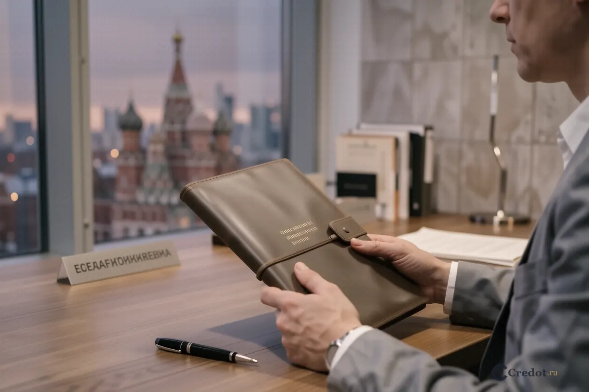 Закрытая папка и ручка на офисном столе на фоне панорамы Москва-Сити