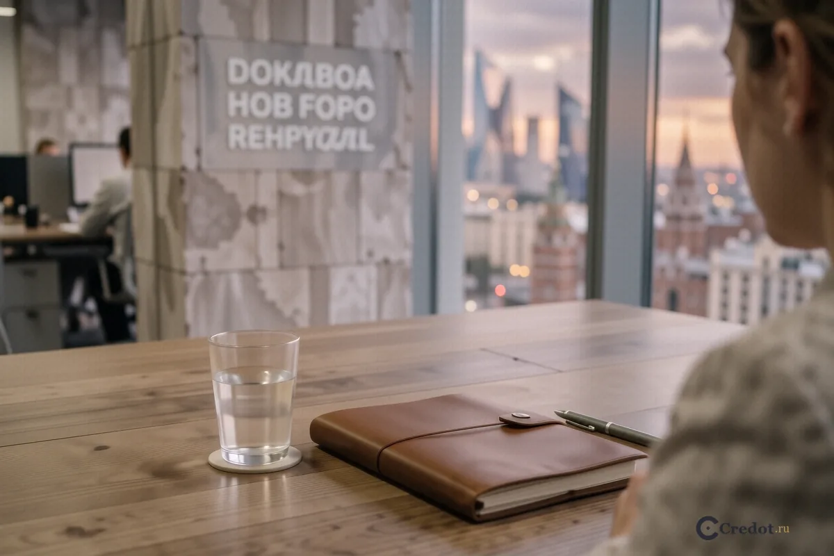 Закрытая кожаная папка и ручка на рабочем столе в современном офисе с видом на Москву.