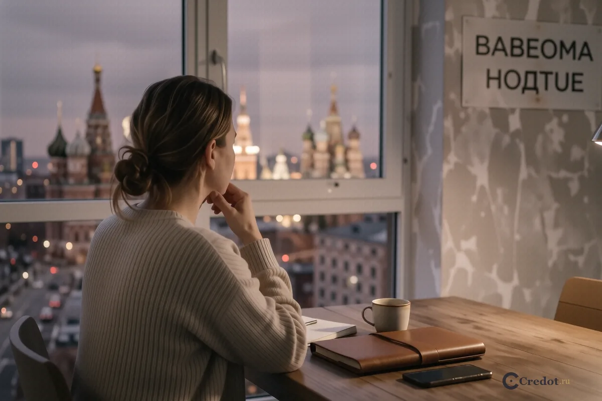 Вид на вечерние небоскребы Москвы из окна квартиры с закрытой папкой на столе.