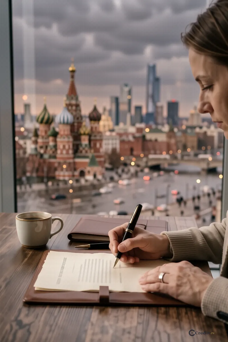 Руки человека подписывают договор на деревянном столе в офисе