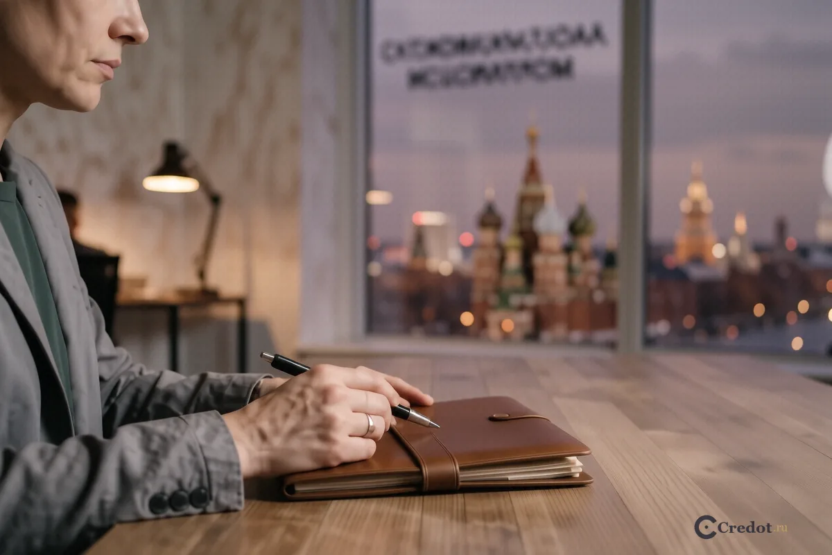 Руки с ручкой над закрытой папкой на фоне вечерней Москвы