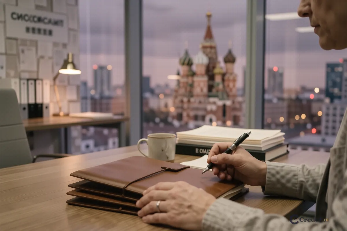 Руки с ручкой над стопкой папок на офисном столе на фоне панорамы Москвы.