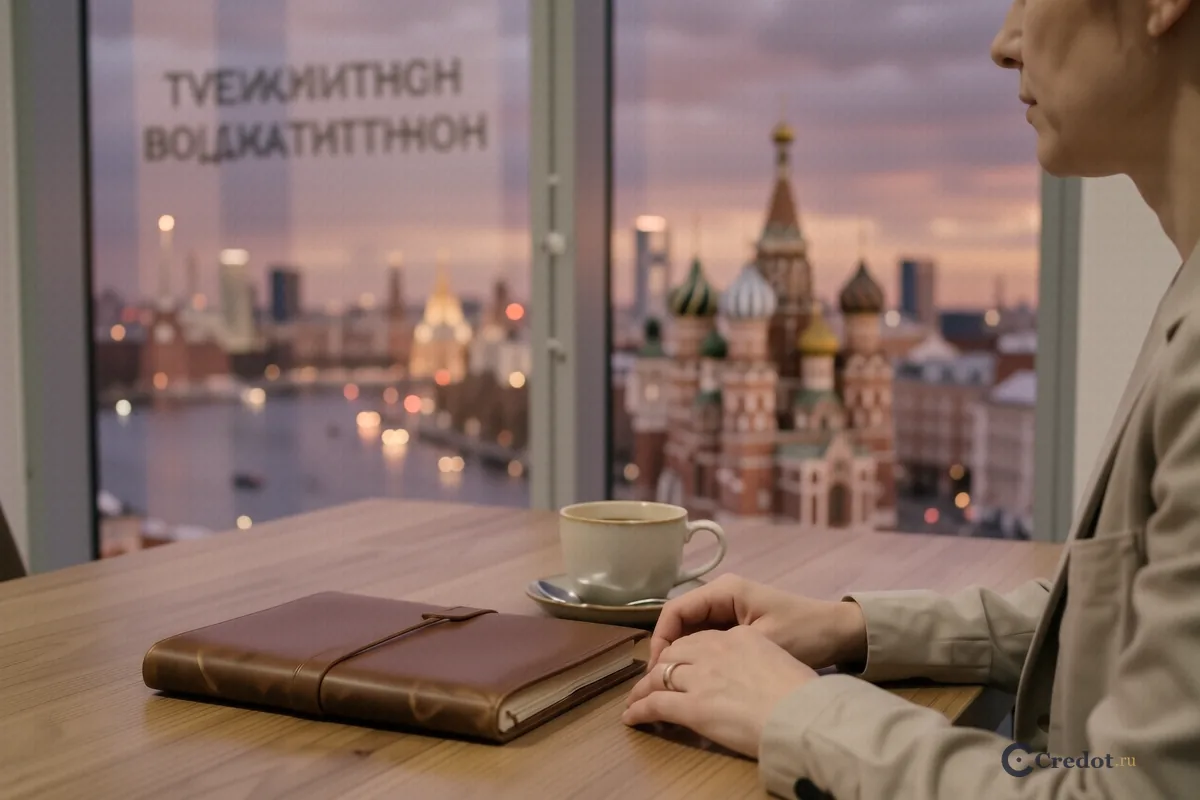 Руки на столе рядом с папкой и чашкой кофе на фоне панорамы Москва-Сити