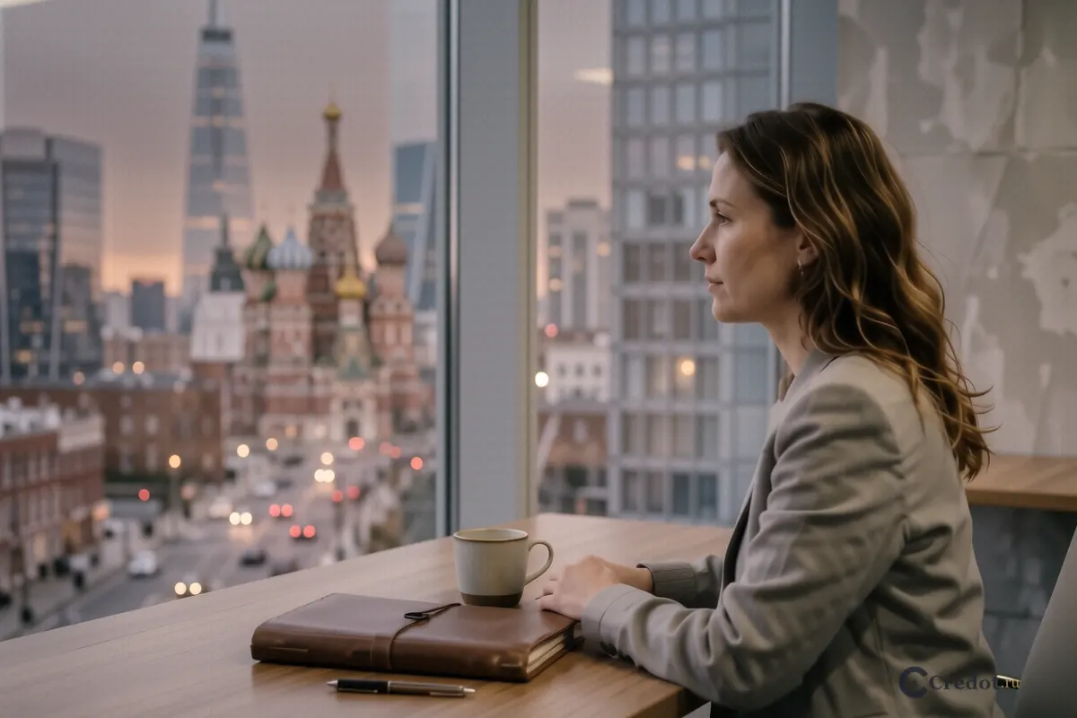 Закрытая папка и чашка кофе на офисном столе с видом на Москва-Сити
