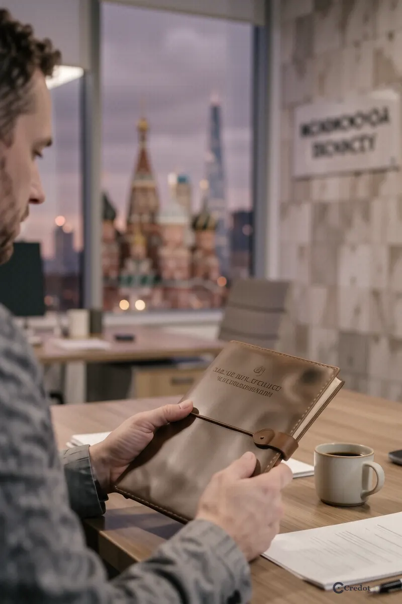 Закрытая кожаная папка и чашка кофе на офисном столе на фоне панорамы Москвы.