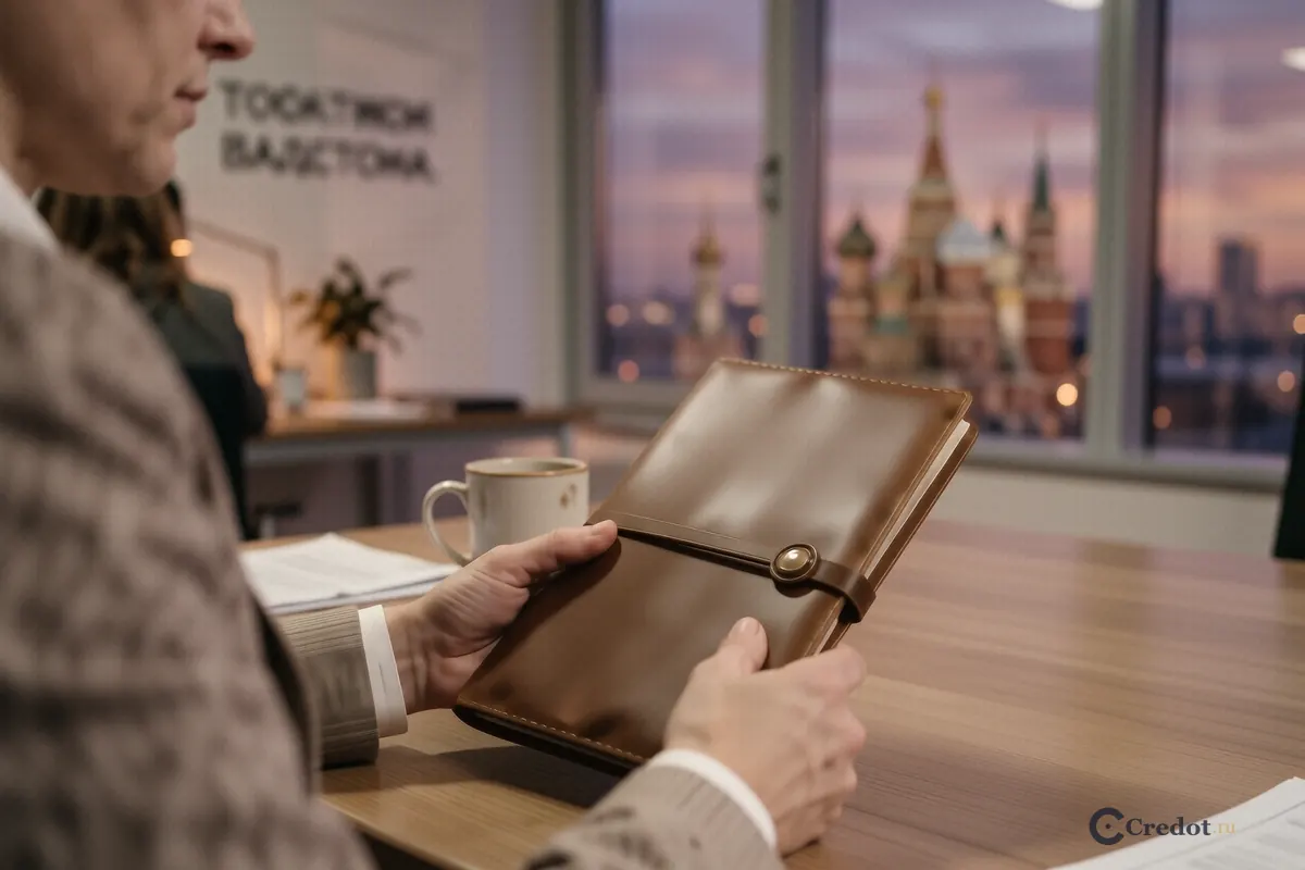 Руки человека с закрытой папкой на фоне панорамы Москва-Сити
