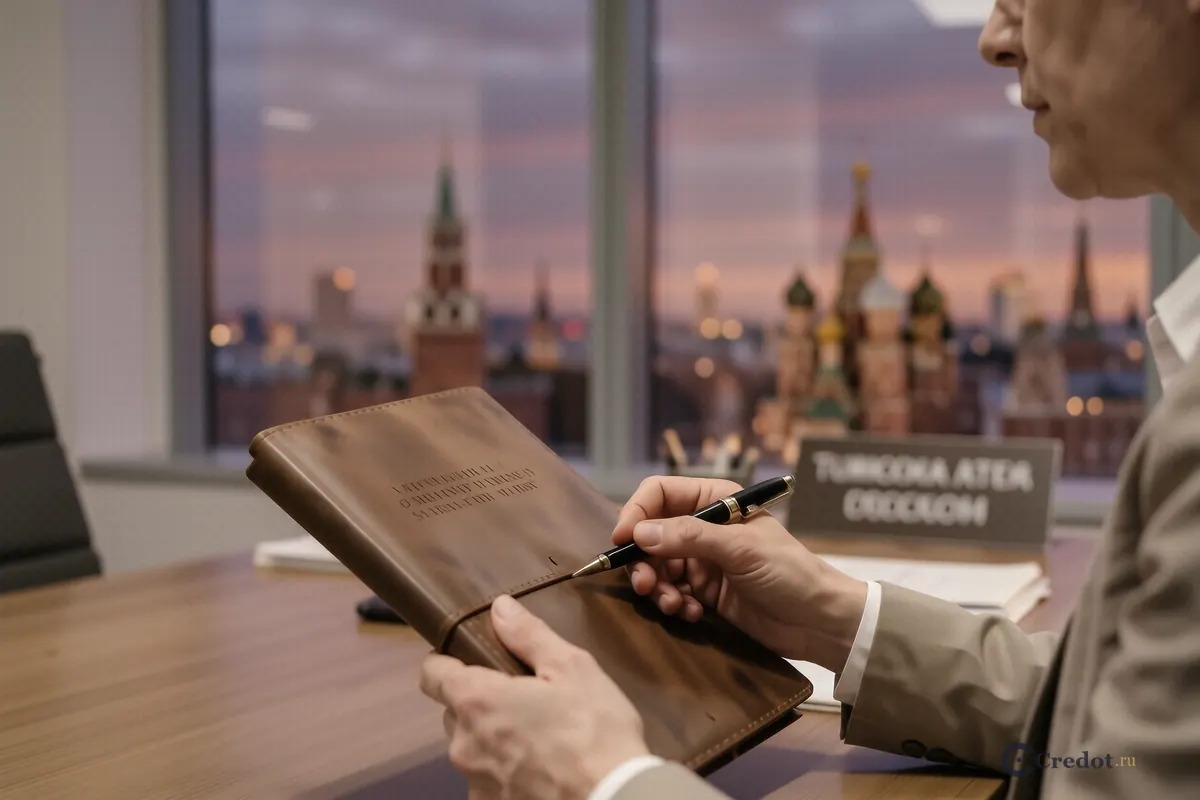 Руки человека с папкой документов на фоне панорамы Москва-Сити