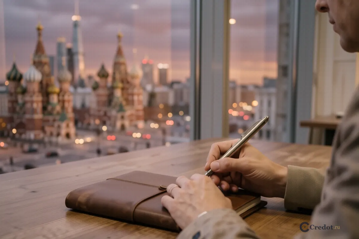 Руки с ручкой над закрытой папкой на фоне панорамы Москва-Сити