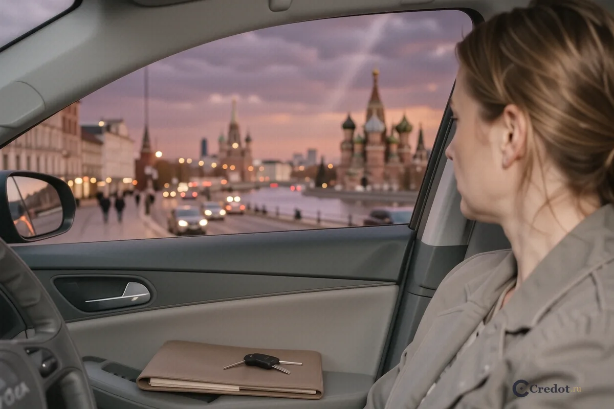 Вид из салона автомобиля на вечернюю Москву и ключи на сиденье
