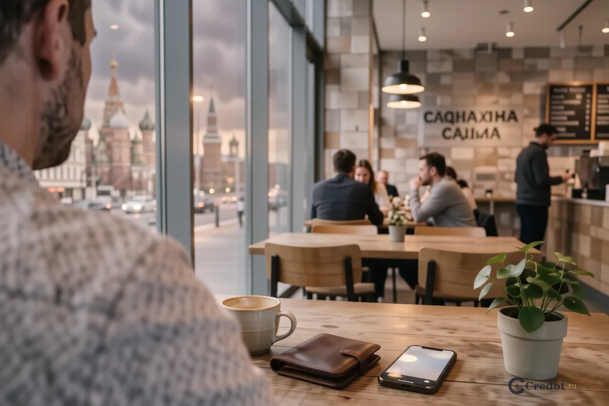 Смартфон и чашка кофе на столе в кафе с видом на небоскребы Москва-Сити