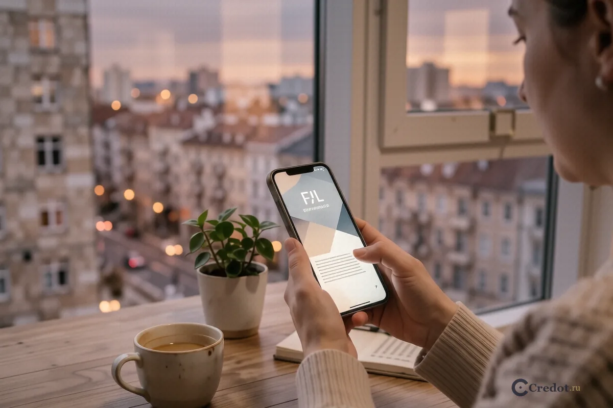 Руки с закрытым смартфоном на фоне окна с видом на город