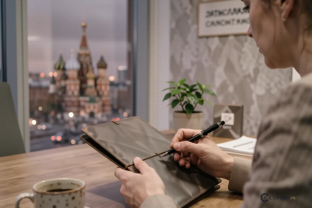 Руки с ручкой над закрытой папкой на офисном столе