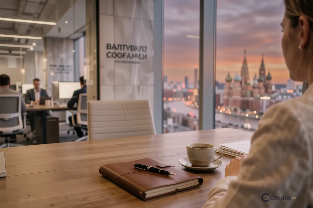 Вид на Москва-Сити из окна современного офиса с папкой и чашкой кофе на столе