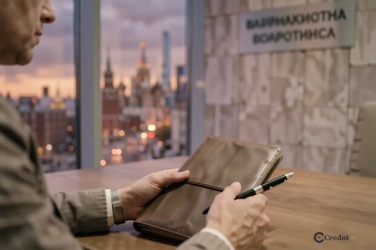Руки человека с папкой и ручкой на фоне панорамы Москва-Сити