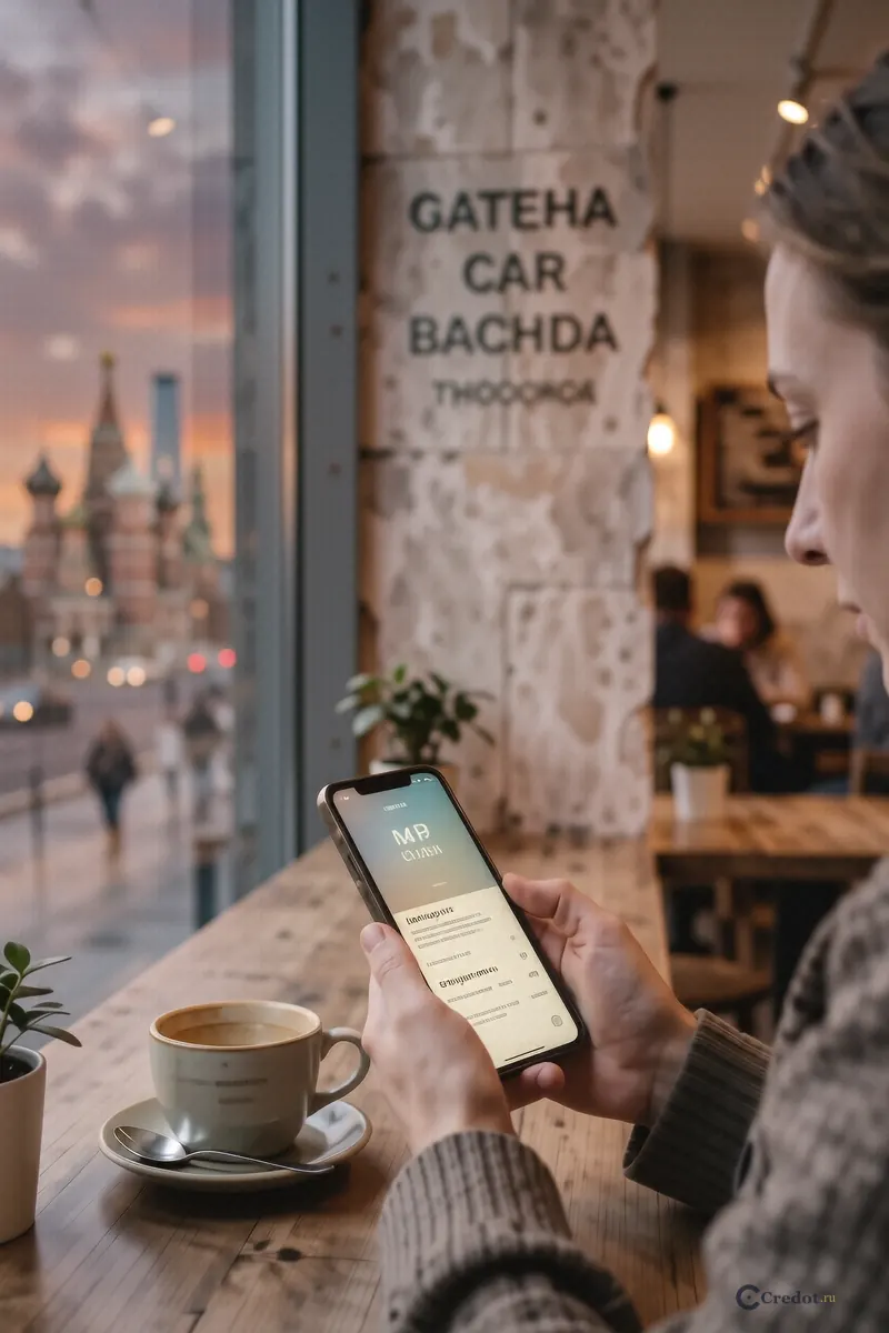 Человек держит смартфон в кафе на фоне панорамы Москва-Сити