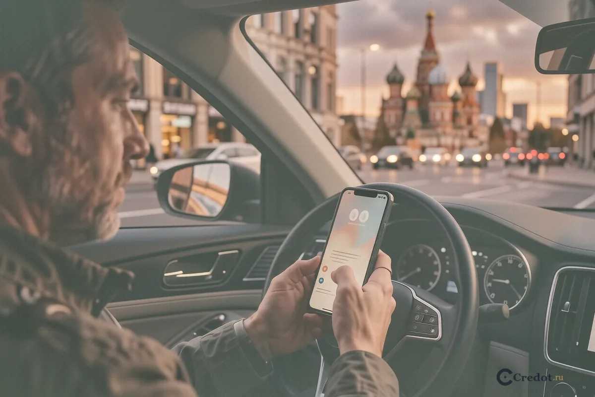 Водитель держит смартфон в салоне автомобиля на фоне городского пейзажа