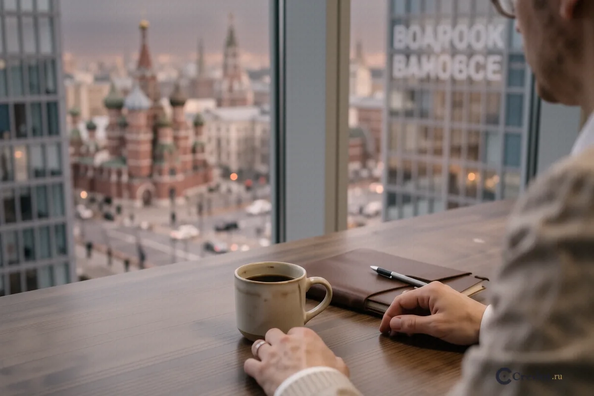 Руки человека на рабочем столе рядом с папкой и видом на Москва-Сити