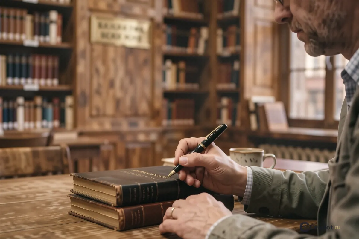 Руки с перьевой ручкой над стопкой закрытых книг на деревянном столе.