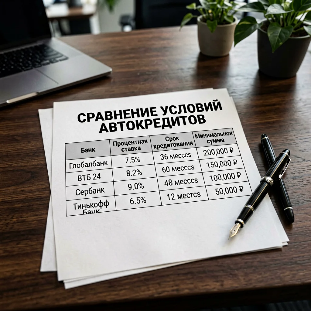 Таблица сравнения условий различных банков по автокредитам