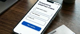 Калькулятор кредитных ставок на экране смартфона и банковская карта