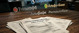 Коллаж банковских логотипов на фоне финансовых документов для статьи о займе и заеме